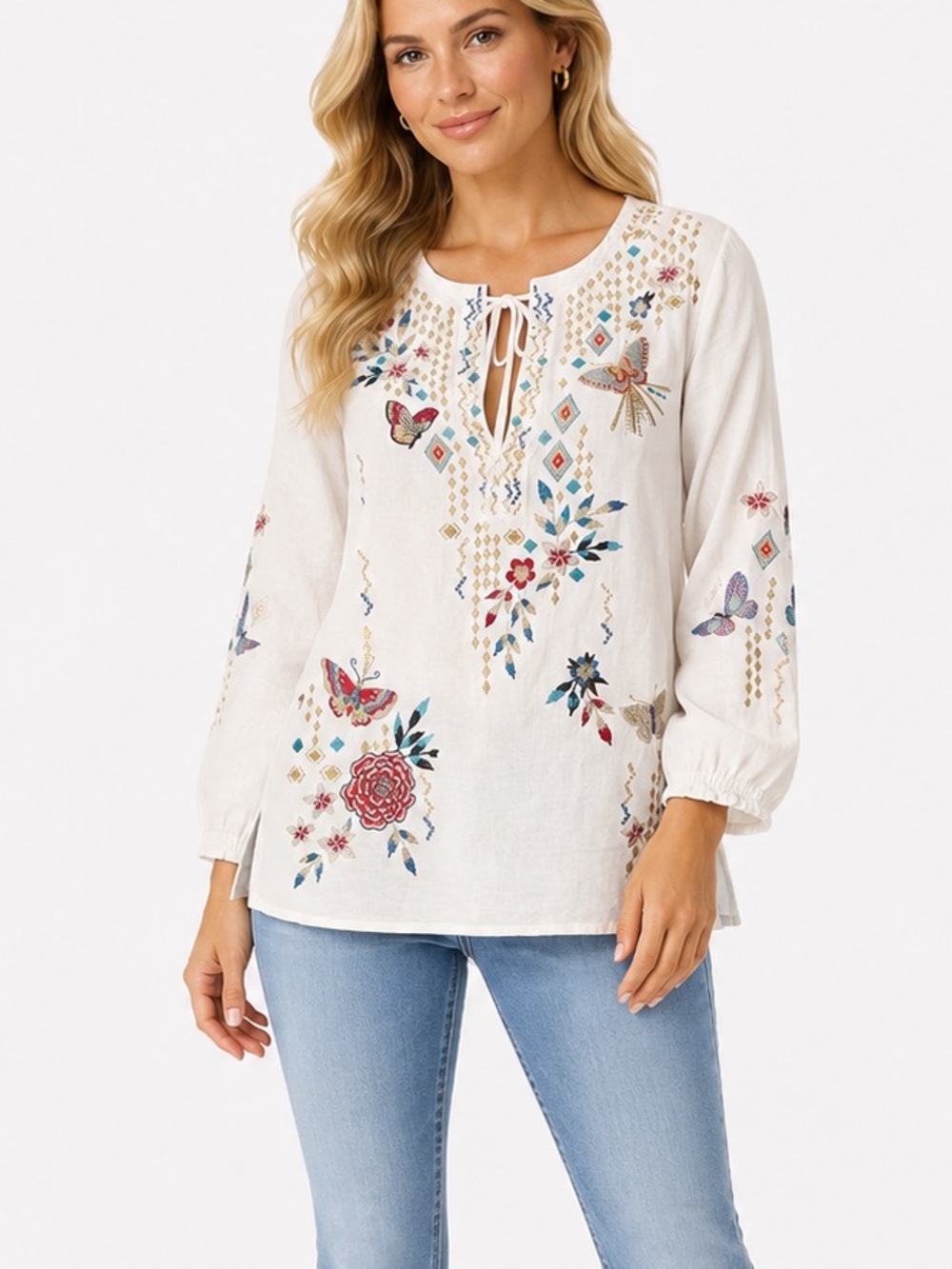 Johnny Was Size XXS Oversized Embroidered Floral White Peasant Blouse - Women's